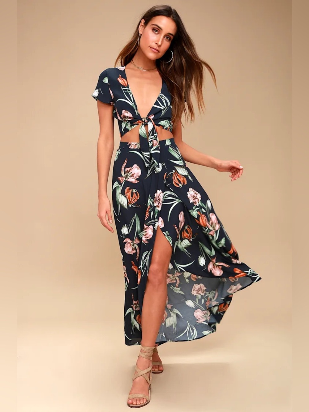 Lulus Magdalena Navy Floral Two Piece Maxi Skirt Crop Top Set XS